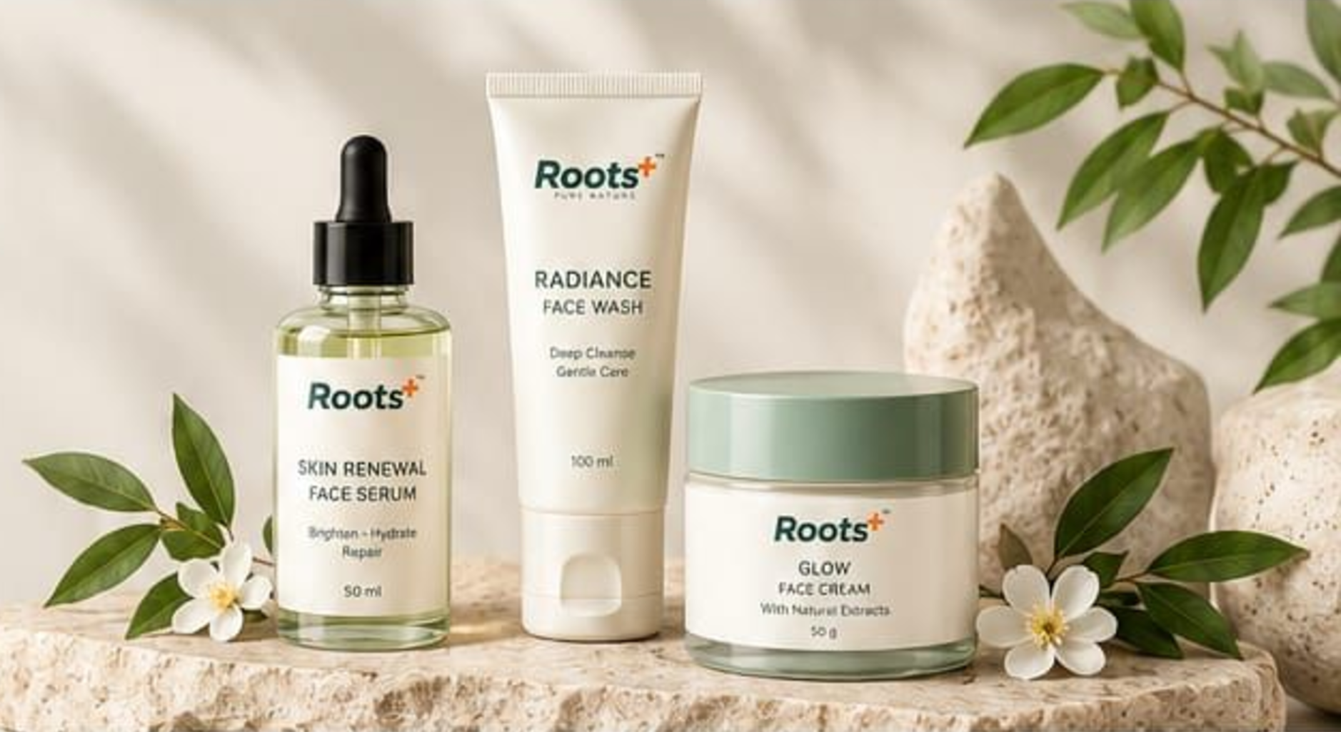 Roots+ serum, face wash and face cream on stone